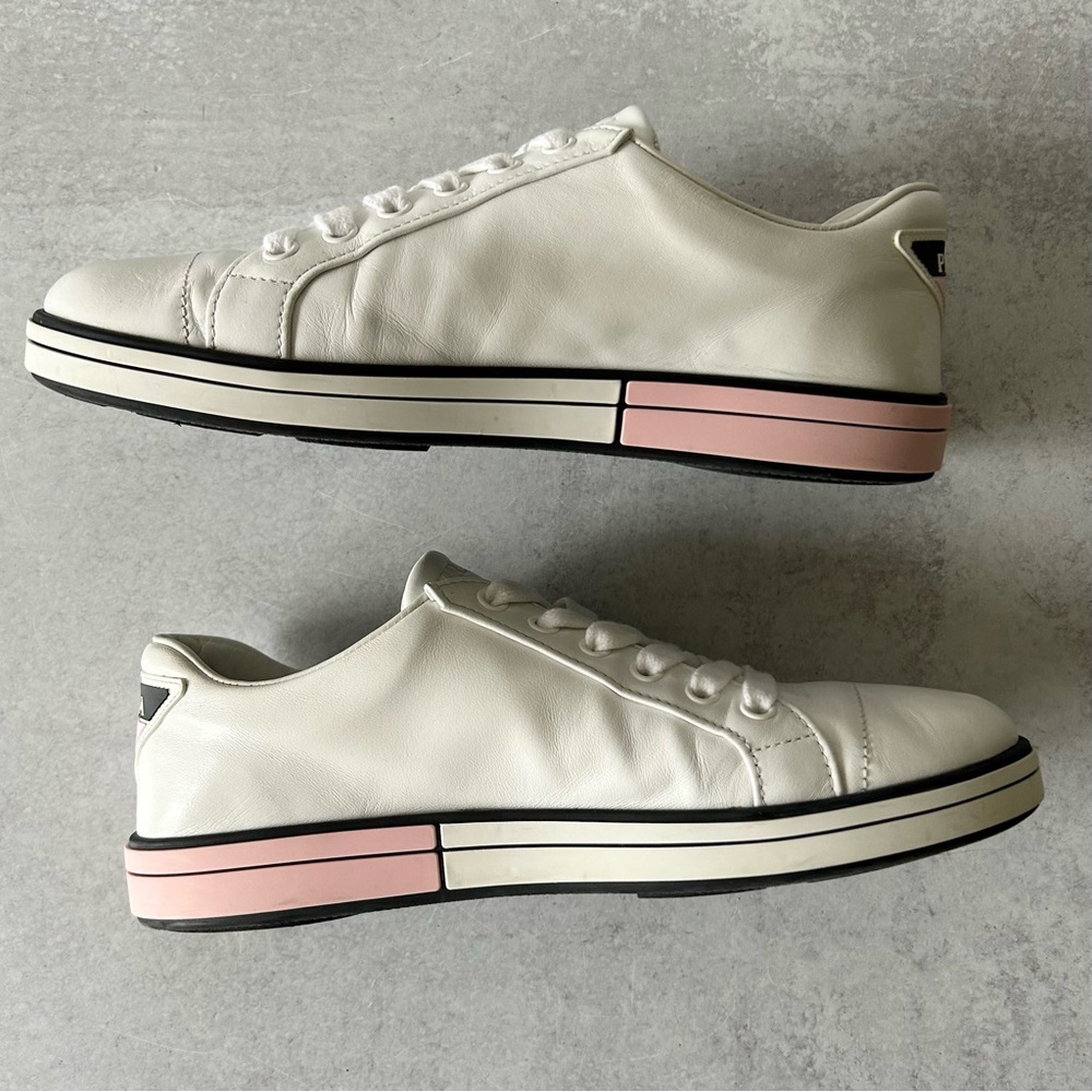 PRADA Womens Vitello Soft 3 Low Profile White/Pink Leather Sneakers, 37.5 - Picture 7 of 13